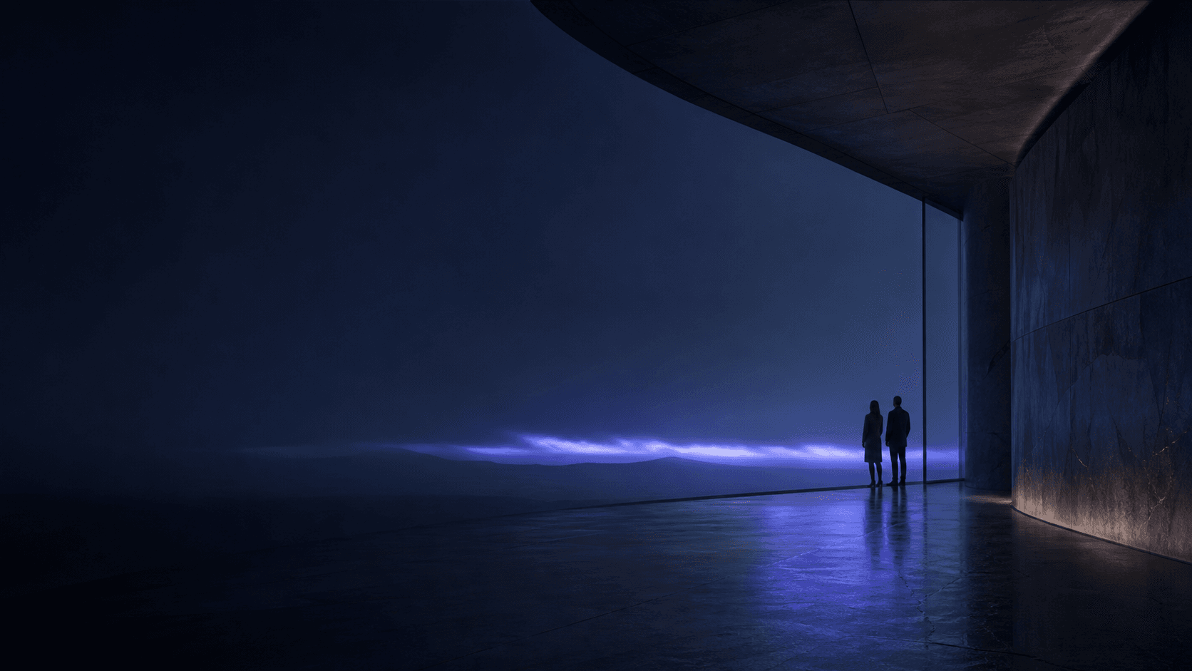 A pair of people at a dark architectural threshold lit by a blue signal horizon